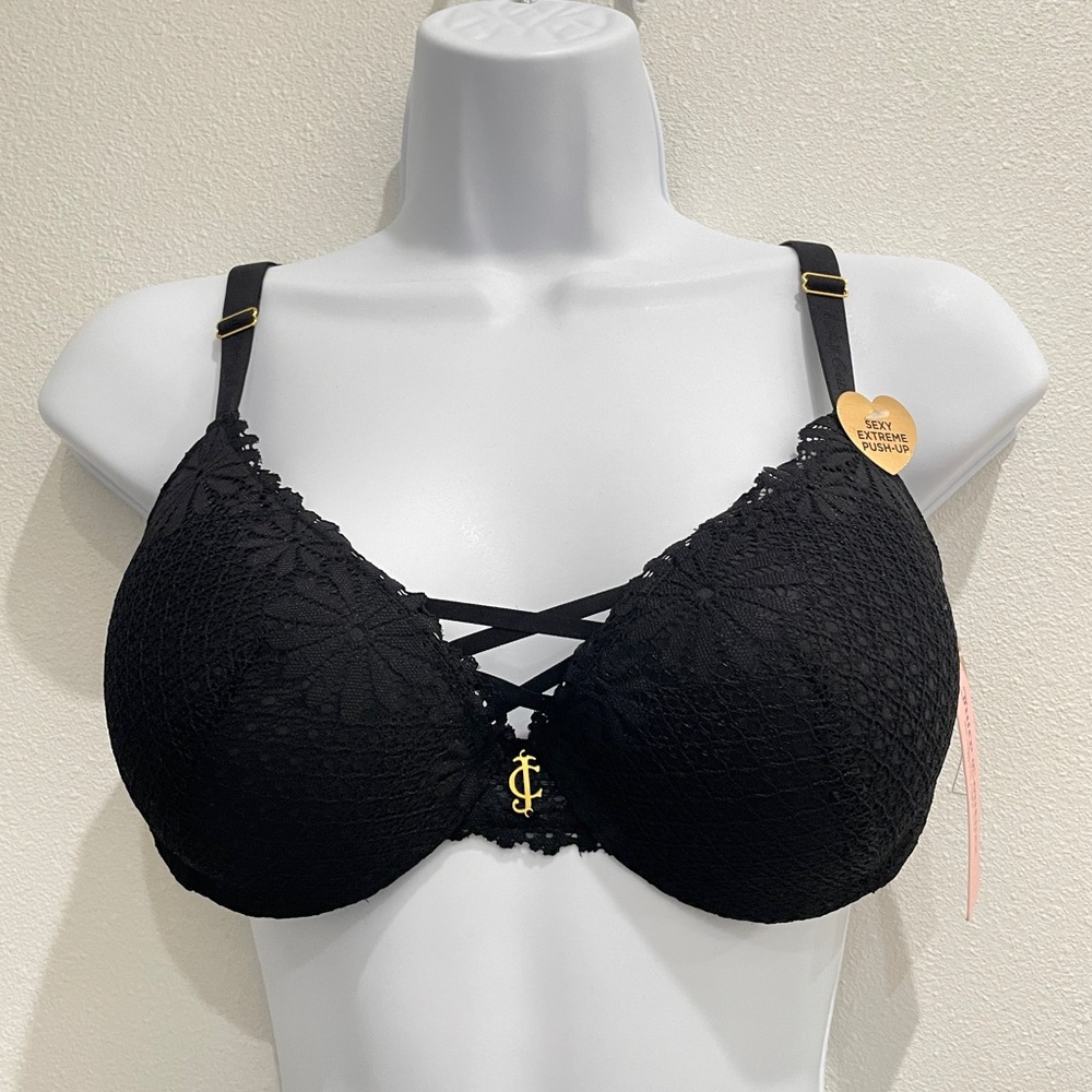NEW Juicy Couture Black Lace Sexy Extreme Push-Up‎ Bra 34C Gold Logo Charm